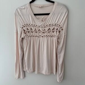 POL Blush‎ Pink Macrame Lattice Cutout Long Sleeve Boho Top RCT724 Small